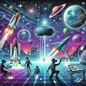 DALLE 2024-09-11 123429 - An image celebrating a VR space adventure game inspired by sci-fi elements The visual features players with VR headsets exploring a galaxy full of st - innovaTopia