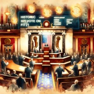 DALLE 2024-09-17 044014 - Watercolor painting of a historic legislative chamber with members of the House of Representatives voting on the FIT21 cryptocurrency regulation bill - innovaTopia