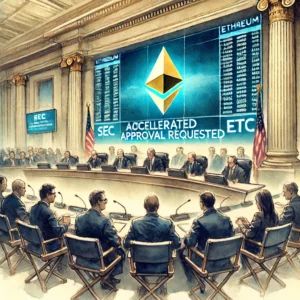 DALLE 2024-09-17 044025 - Watercolor painting of a formal SEC hearing room where a group of commissioners is discussing the Ethereum ETF application In the foreground a larg - innovaTopia