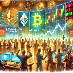 DALLE 2024-09-17 044029 - Watercolor painting of a bustling cryptocurrency market with Bitcoin prices spiking and traders celebrating in front of digital screens displaying Et - innovaTopia