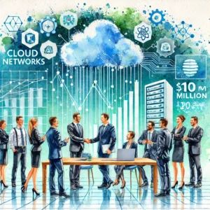 DALLE 2024-09-17 052106 - Watercolor painting of Alkiras team in a modern office celebrating their 0 million fundraising In the background digital screens show cloud netw - innovaTopia