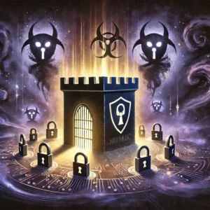 DALLE 2024-09-18 052511 - A watercolor painting showing a strong digital fortress surrounded by swirling shadows representing ransomware threats In the center of the image is - innovaTopia