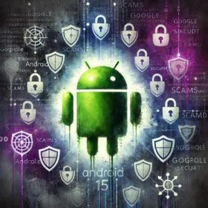 DALLE 2024-09-18 052541 - A watercolor painting of a sleek Android 15 logo standing against a dark digital background filled with symbols of scams and fraud In the foreground - innovaTopia