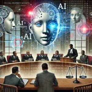 DALLE 2024-09-24 060115 - An illustration showing a dramatic courtroom scene where AI-generated content is being debated over intellectual property rights In the background h - innovaTopia
