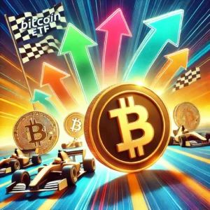 DALLE 2024-09-26 062450 - A stylized illustration of Bitcoin coins surrounded by arrows indicating new financial inflows In the background a race track with Bitcoin symbols a - innovaTopia