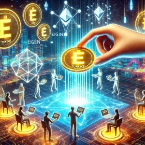 DALLE 2024-09-26 062501 - A futuristic illustration of a blockchain-based platform distributing tokens to users In the center there is a digital hand distributing EIGEN token - innovaTopia