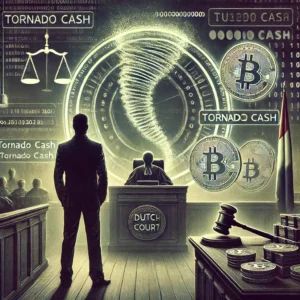 DALLE 2024-09-26 062514 - A dark and intense courtroom illustration showing a developer standing trial for creating Tornado Cash In the foreground the developer stands before - innovaTopia