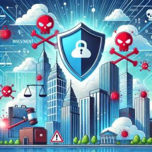 DALLE 2024-10-01 065845 - An illustration of a shield rising over a city skyline symbolizing protection against increasing cyberattacks Around the city digital threats in th - innovaTopia