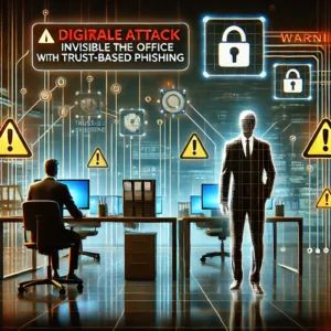 DALLE 2024-10-01 065855 - An illustration of a corporate office under digital attack with a figure representing a cybercriminal targeting the office with trust-based phishing - innovaTopia