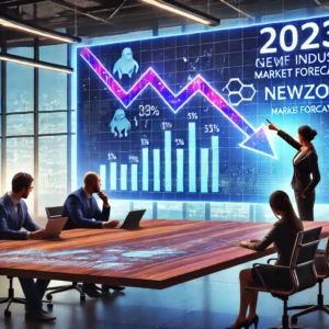 DALLE 2024-10-04 060629 - A financial report scene where a decline in the game industry is being presented based on Newzoos updated market forecast The image shows analysts - innovaTopia