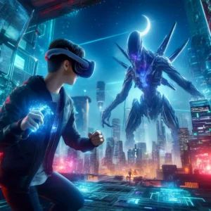 DALLE 2024-10-07 063156 - A dynamic VR gaming scene showing a player experiencing an intense futuristic battle The player wearing a sleek VR headset is immersed in a high-te - innovaTopia