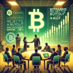 DALLE 2024-10-21 080824 - An illustration showing Bitfarms rejecting a buyout proposal from Riot with their stock price rising as a result The scene depicts a modern corporat - innovaTopia