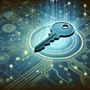 DALLE 2024-10-28 102439 - A futuristic illustration exploring the complexities of encryption key management Show a digital key floating in a network of interlocking pathways - innovaTopia