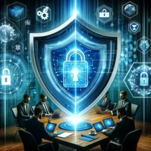 DALLE 2024-06-01 125614 - An illustration depicting strengthened cybersecurity measures with a corporate setting facing new challenges and solutions featuring digital shields - innovaTopia