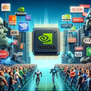 DALLE 2024-06-02 233217 - A competitive technology market scene with various tech company logos and AI chips representing startups and giants challenging Nvidias dominance in - innovaTopia