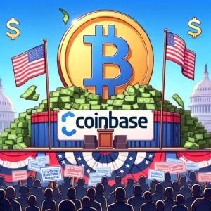 DALLE 2024-06-04 062852 - An illustration of a political rally with the Coinbase logo prominently displayed on a banner and piles of money in the background This represents - innovaTopia