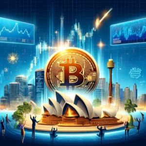 DALLE 2024-06-04 062855 - A dynamic illustration showcasing the debut of Australias first Bitcoin ETF The image features a large Bitcoin symbol surrounded by Australian landm - innovaTopia
