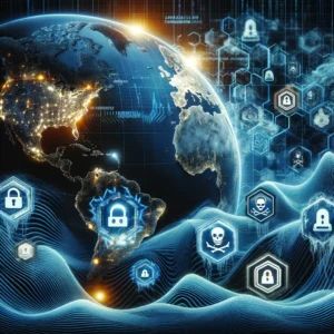DALLE 2024-06-04 062915 - A dynamic digital landscape showing the surge of ransomware and miner attacks visualized as digital waves and malicious code attacking a representati - innovaTopia