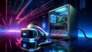 PlayStation VR2 headset connected to a gaming PC via the new PlayStation VR2 PC Adapter The scene is set in a styliz - innovaTopia