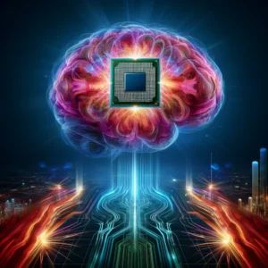 DALLE 2024-06-04 073347 - A futuristic illustration depicting the evolution of CPUs as the brains of computers with a vibrant brain-like CPU highlighted and surrounded by digi - innovaTopia