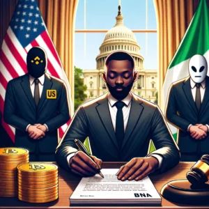 DALLE 2024-06-07 190514 - A group of 108 former federal prosecutors appealing to the US Secretary of State for the release of a Binance executive detained in Nigeria The scene - innovaTopia