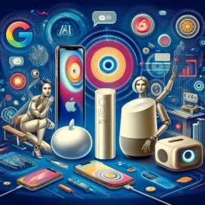 DALLE 2024-06-08 065335 - An illustration showing the evolution of Siri and Google Assistant with generative AI highlighting Apple and Googles moves to change the future Dep - innovaTopia