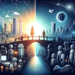 DALLE 2024-06-10 080316 - An illustration depicting the future of AI showcasing a blend of human hope and concern The scene includes futuristic cityscapes advanced robots in - innovaTopia