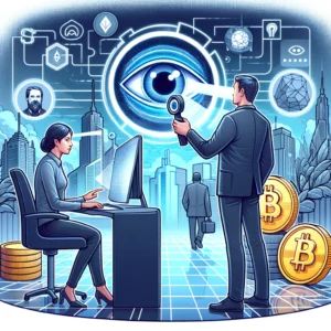 DALLE 2024-06-11 022723 - An illustration depicting a former Coinbase executive becoming the new communications head at Worldcoin utilizing iris recognition technology to shap - innovaTopia