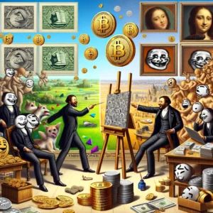 DALLE 2024-06-11 063033 - Illustration of meme coins representing both financial nihilism and a new form of expression The scene includes meme coin symbols financial element - innovaTopia