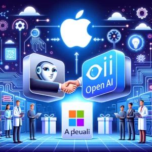 DALLE 2024-06-11 063048 - Illustration of Apple and OpenAI announcing a technology partnership to enhance AI capabilities with Microsoft adjusting its strategy The scene incl - innovaTopia