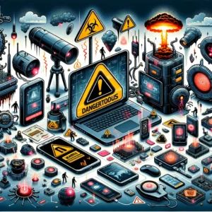 DALLE 2024-06-11 065654 - An illustration depicting the most dangerous devices threatening organizational cybersecurity in 2024 The scene should show various high-tech devices - innovaTopia