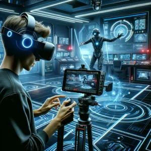 DALLE 2024-06-11 081706 - A futuristic video production studio with a person wearing an Apple Vision Pro headset moving around and recording 3D video with hand gestures and ey - innovaTopia