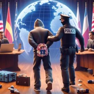 DALLE 2024-06-13 043626 - A scene showing Ukrainian police arresting a key figure in a ransomware attack symbolizing international cooperation and victory against cybercrime - innovaTopia