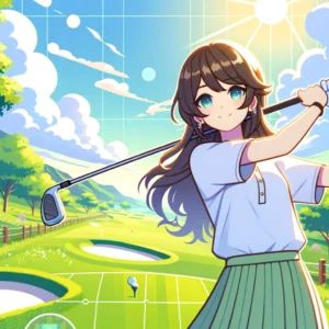 DALLE 2024-06-13 072232 - A virtual reality golf game featuring a beautiful anime girl swinging a golf club on a lush green course The graphics are colorful the sky is bright - innovaTopia