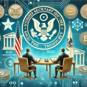 DALLE 2024-06-13 194652 - An illustration showing the US Under Secretary of the Treasury discussing risk management of digital assets The image includes elements of digital cu - innovaTopia