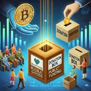 DALLE 2024-06-14 042037 - An image illustrating blockchain reshaping the future of public goods funding Show a blockchain symbol a donation box and a community working toget - innovaTopia