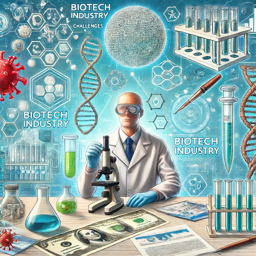 DALLE 2024-06-14 051253 - An image depicting the biotech industry facing challenges with massive funding and research development Include biotech symbols funding documents a - innovaTopia