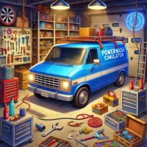 DALLE 2024-06-15 071814 - A blue van from the PowerWash Simulator game parked in a garage filled with various tools puzzles and clues for an escape room depicted in an anime - innovaTopia