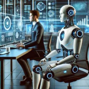DALLE 2024-06-17 065612 - A futuristic digital art style illustration depicting a robot and a human working together at a desk with computers The setting is a modern high-tec - innovaTopia