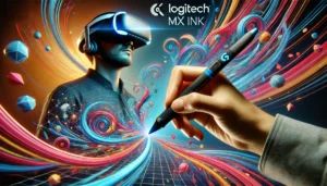 DALLE 2024-06-18 073103 - A futuristic stylus pen with the Logitech logo drawing colorful 3D art in the air In the background a person is wearing a Meta Quest VR headset fu - innovaTopia