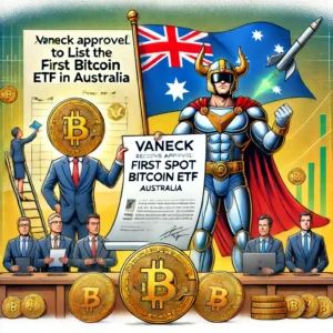 DALLE 2024-06-18 125814 - An illustration depicting VanEck receiving approval to list the first spot Bitcoin ETF in Australia The image includes Bitcoin symbols ETF charts a - innovaTopia