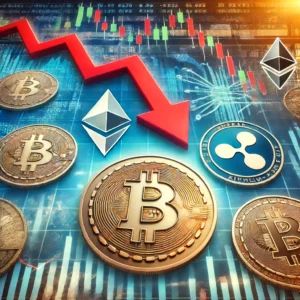 DALLE 2024-06-19 014104 - An image symbolizing the decline in Bitcoin and major cryptocurrencies showing a graphical representation of Bitcoin BTC and other cryptocurrencies - innovaTopia