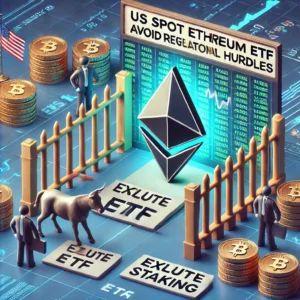 DALLE 2024-06-19 030704 - An image showing the US spot Ethereum ETF avoiding regulatory hurdles by excluding staking with symbols of Ethereum ETF and regulatory barriers - innovaTopia