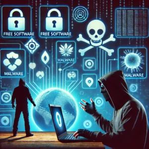 DALLE 2024-06-19 030715 - An image illustrating the dangers of free software being used by cybercriminals to distribute malware with symbols of free software malware and a h - innovaTopia