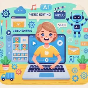 DALLE 2024-06-19 070053 - A cute illustration of a person using a laptop to create a video with AI The person has a cheerful expression and a playful design with a video edit - innovaTopia