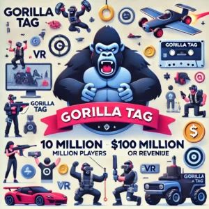 DALLE 2024-06-19 152352 - An image illustrating Gorilla Tag achieving 10 million players and 0 million in revenue with symbols of Gorilla Tag VR gaming and milestones in - innovaTopia