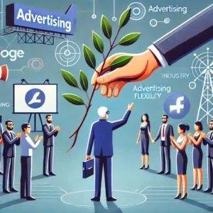 DALLE 2024-06-20 042734 - An illustration depicting a tech executive extending an olive branch to the advertising industry during a major event The scene includes a tech execu - innovaTopia