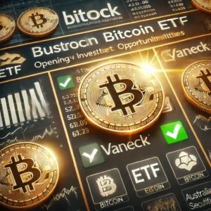 DALLE 2024-06-20 201448 - An image showing the listing of VanEcks Bitcoin ETF on the Australian Securities Exchange opening new investment opportunities featuring symbols of - innovaTopia
