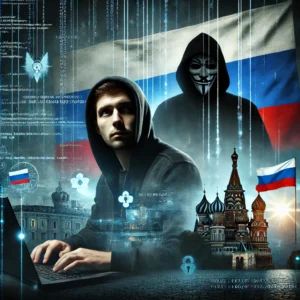 DALLE 2024-06-21 015134 - A scene showing a Russian hacker targeting French diplomatic agencies with a dark ominous background and cyber elements like code and digital footpri - innovaTopia