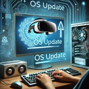 DALLE 2024-06-21 015145 - A futuristic scene showing Metas Quest VR headset connected to a PC highlighting an OS update process through digital visuals - innovaTopia